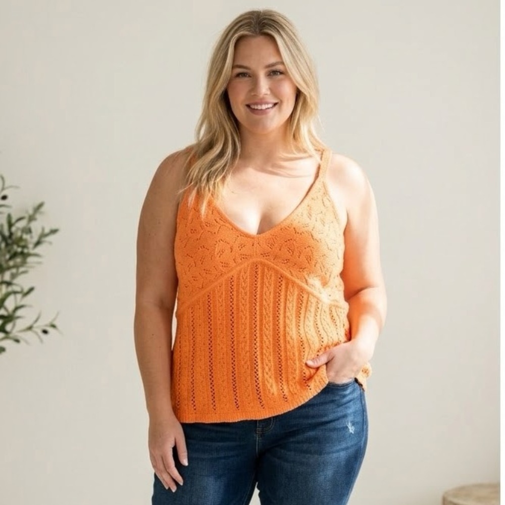 Addition Elle Orange Knit Tank Top 4X Plus Size Boho Crochet Lace Cami Summer